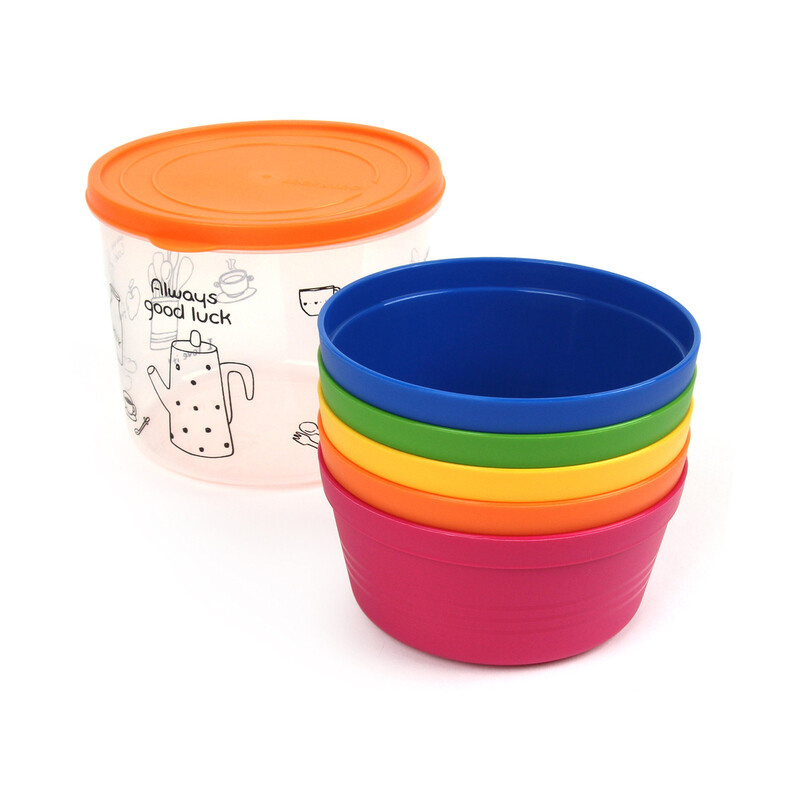 LocknLock Picknick-Geschirrset, Mehrfarbig, 5-teiliges Set runde Schüsseln mit Deckeln und Kunststoff-Aufbewahrungsbehälter, BPA-freies Polypropylen und LDPE-Material, Leicht, Stapelbar, Mikrowellengeeignet