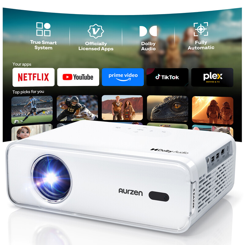 Aurzen Smart Beamer Heimkino Projektor 4K Unterstützt Full HD 1080P Beamer mit Netflix & Dolby Audio, Autofokus & Trapezkorrektur, Mini WiFi Bluetooth Video Projektor, Weiß