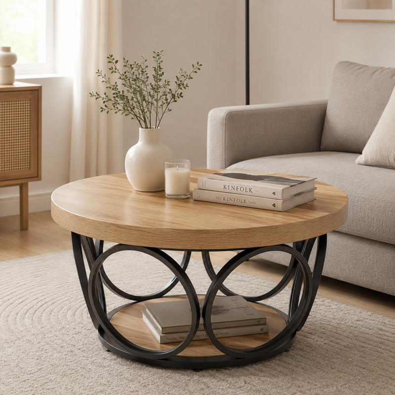 LANTINE Runder Couchtisch, 80 cm, Holztisch mit 2 Ablageebenen, moderner Landhausstil, braune Holzmaserung