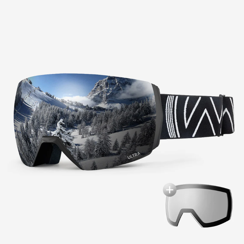 ULTRA Ski Snow Goggles + Lens Bundle for Men&Women-Black Frame Grey Lens with Silver+