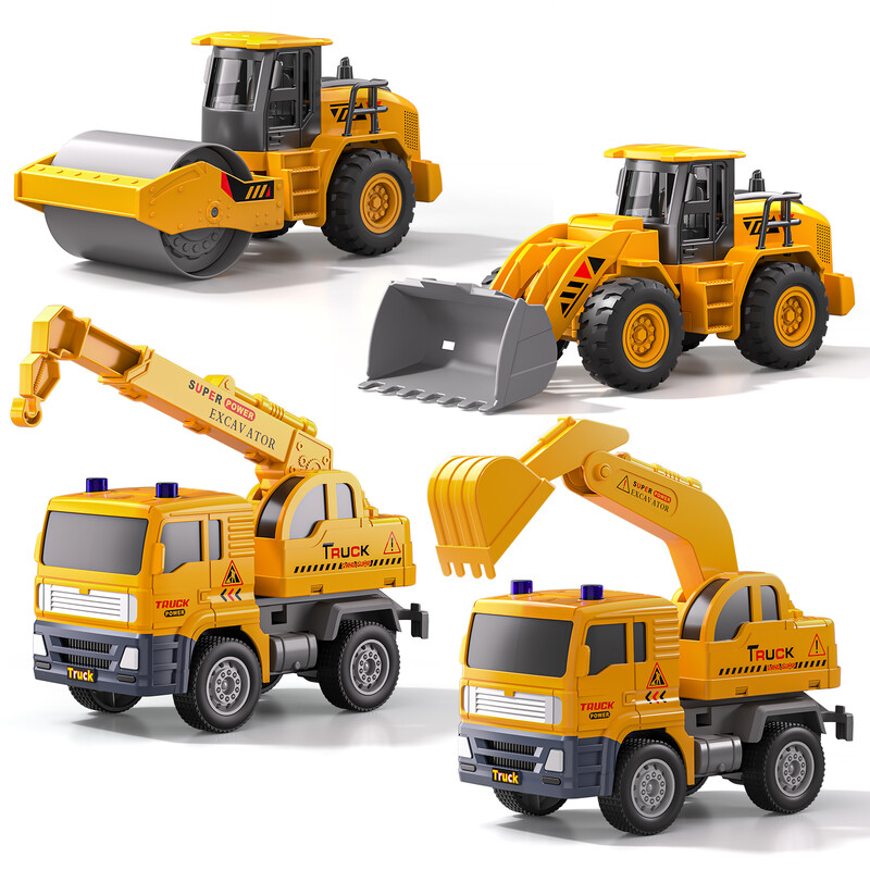 Bouwvoertuigen speelgoedset, 4-delige set wrijvingsaangedreven bouwvoertuigen met graafmachine, kraan, buldozer, wals