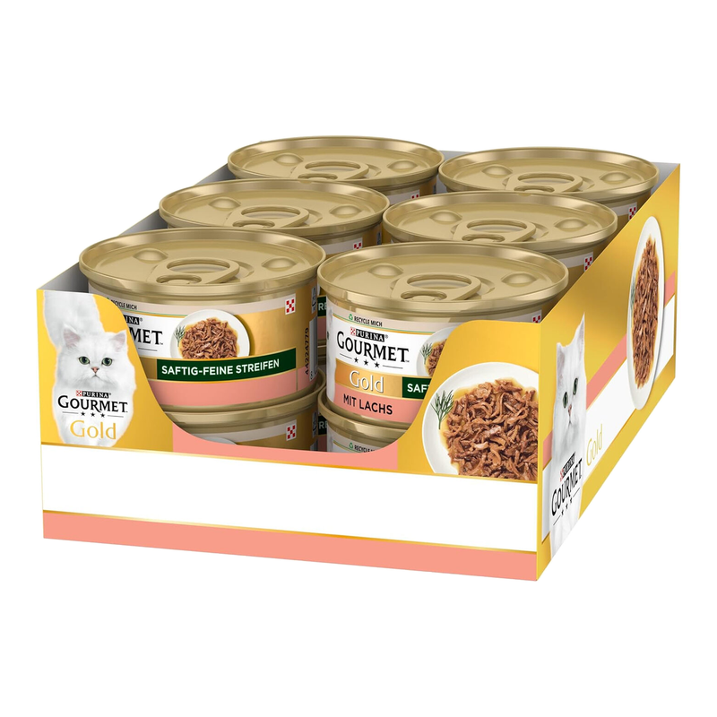Gourmet Gold Saftige Feine Streifen mit Lachs, Nassfutter für Katzen 12 x 85 g Dose