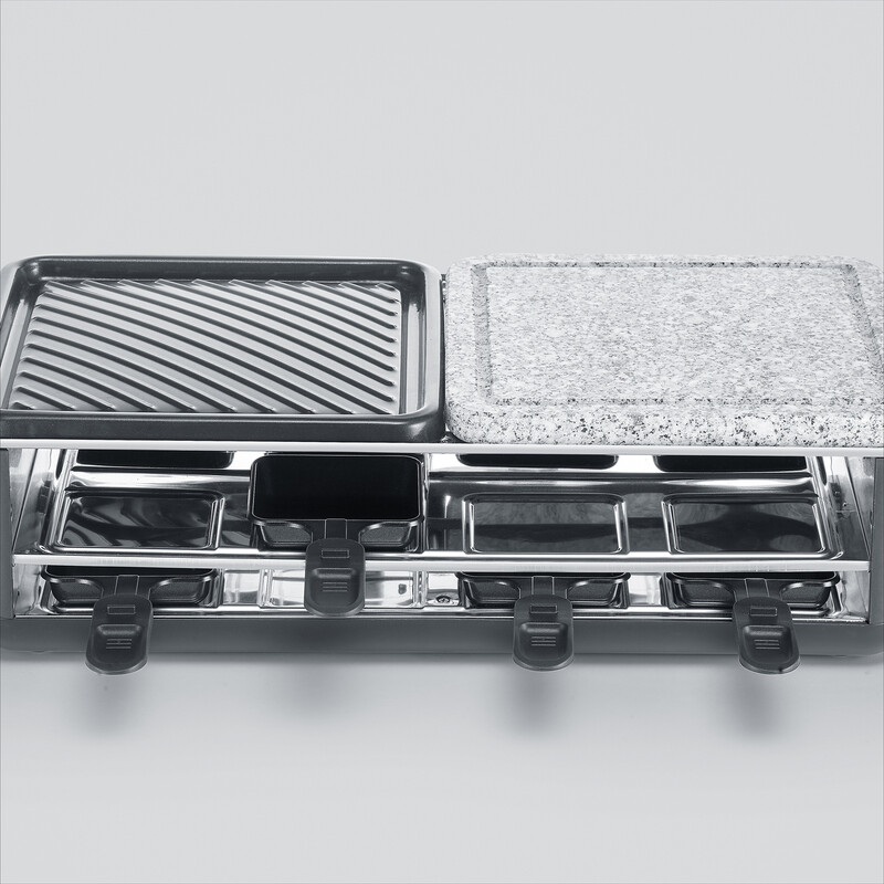 Severin Raclette-Grill für 8 Personen, Naturgrillstein & antihaftbeschichtete-Grillplatte, Tischgrill mit extra tiefen Pfännchen, spülmaschinengeeignet, Black Line, RG 2366