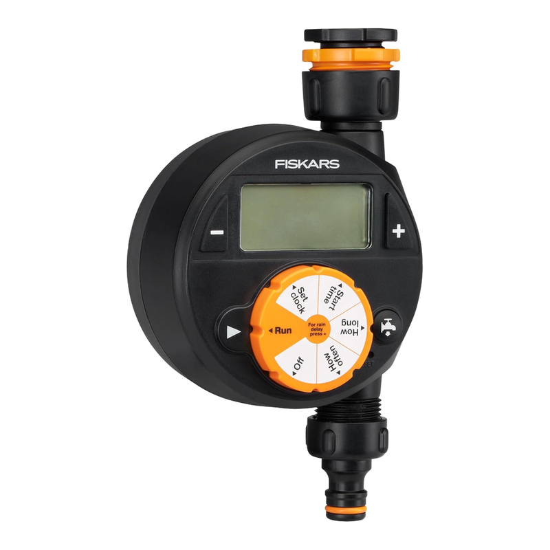 Fiskars Timer met 1 uitgang, voor alle standaard kranen, makkelijk afleesbaar LCD-display, universele maat, 380 g, zwart/oranje, 1054791