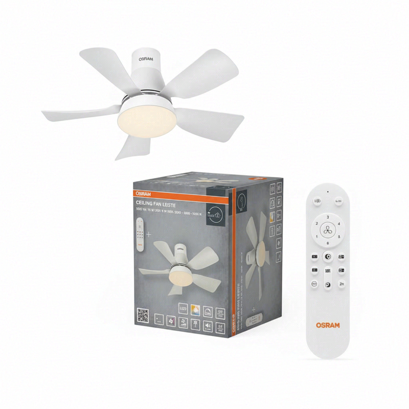 OSRAM Leste LED Deckenventilator, Weiß, 21 W, 1200 Lumen, 3000/4000/6500 K, 445 mm, 110° Abstrahlwinkel, 20.000 Stunden Lebensdauer, IP20, Dimmbar, Inklusive Fernbedienung