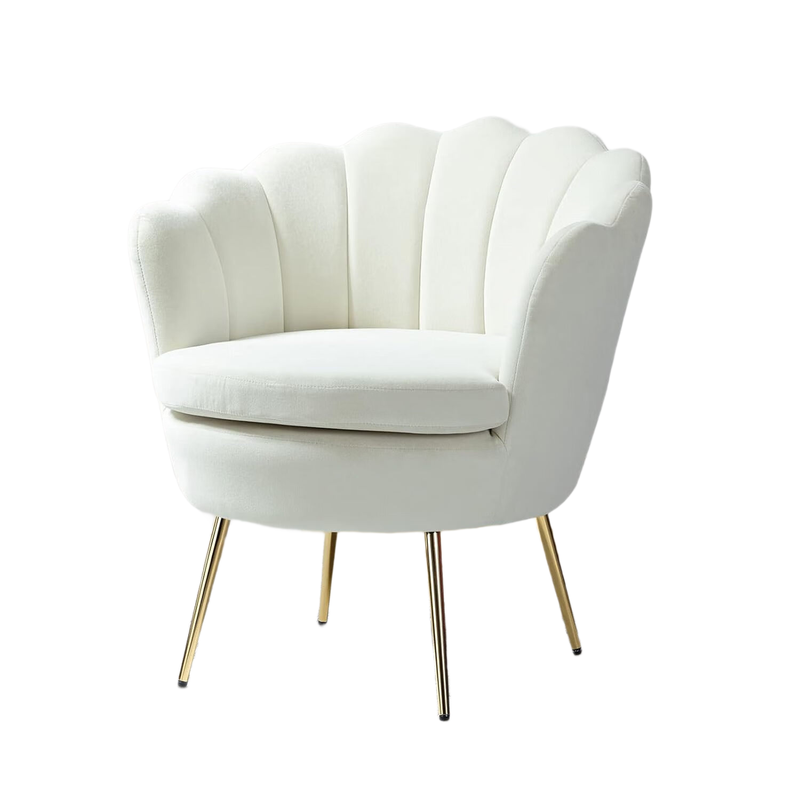 FABRICATION HAUS Living Room Armchair Velvet Tub Chair Comfy Accent Occasional Chair with Seashell Back & Metal Leg for Lounge, Ivory
