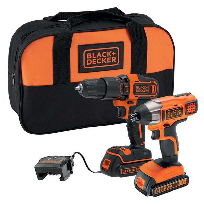 Black + Decker 18V Cordless Hammer Drill and Impact Driver with soft bag