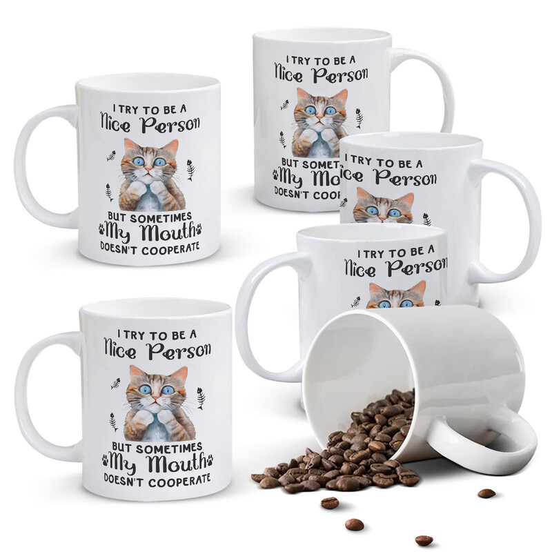1pc 11oz White Mug with Funny "My Mouth Doesn't Cooperate" Quote and Cute Tabby Cat D