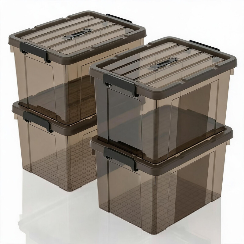 SPACEXPERT Aufbewahrungsboxen Haushalt: Tragbare transparente braune Kunststoff-Organizer-Container mit Deckeln, Griff und Clips, 51x39x33cm