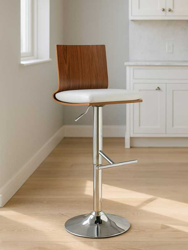 Bar Stool Adjustable Giles Walnut Wood & Faux Leather White/Chrome