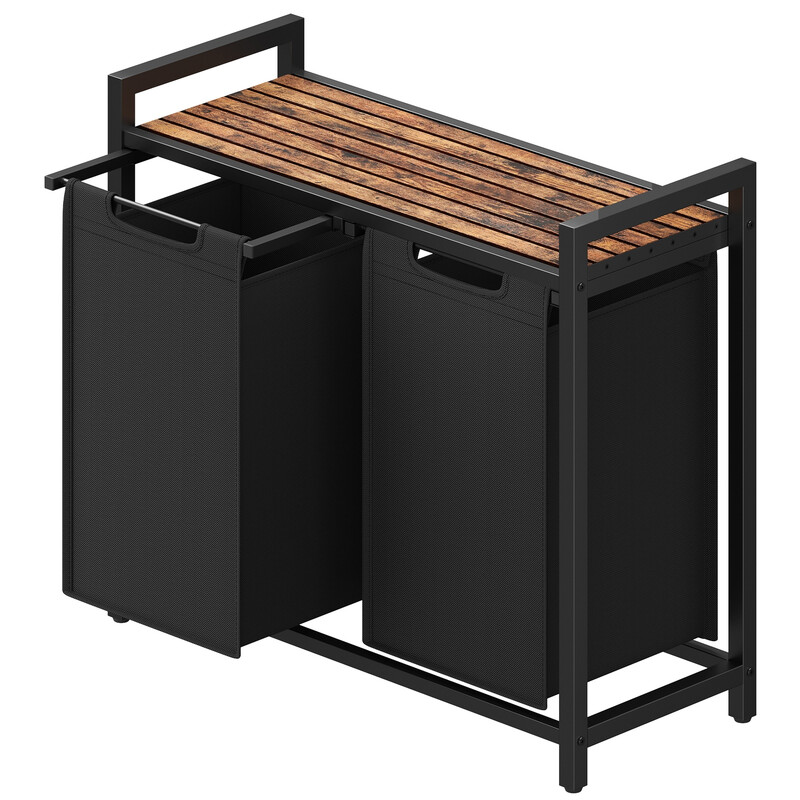 JOYFURNOS Wasmand met 2 Vakken, Uitneembare Binnenzakken & Plank, 73 x 33 x 72 cm, Zwart & Bruin