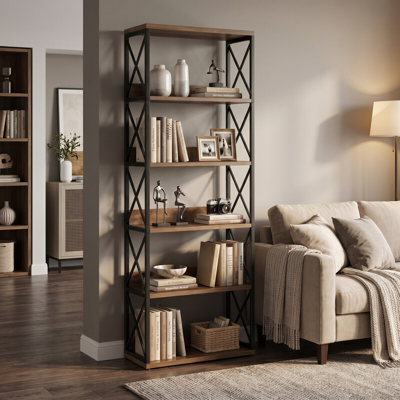 Bücherregal im Industrie-Stil, 70 Zoll hoch, 5 offene Regalböden, Vintage-Stil, geeignet für Zuhause/Büro/Schlafzimmer/Arbeitszimmer, braun und schwarz
