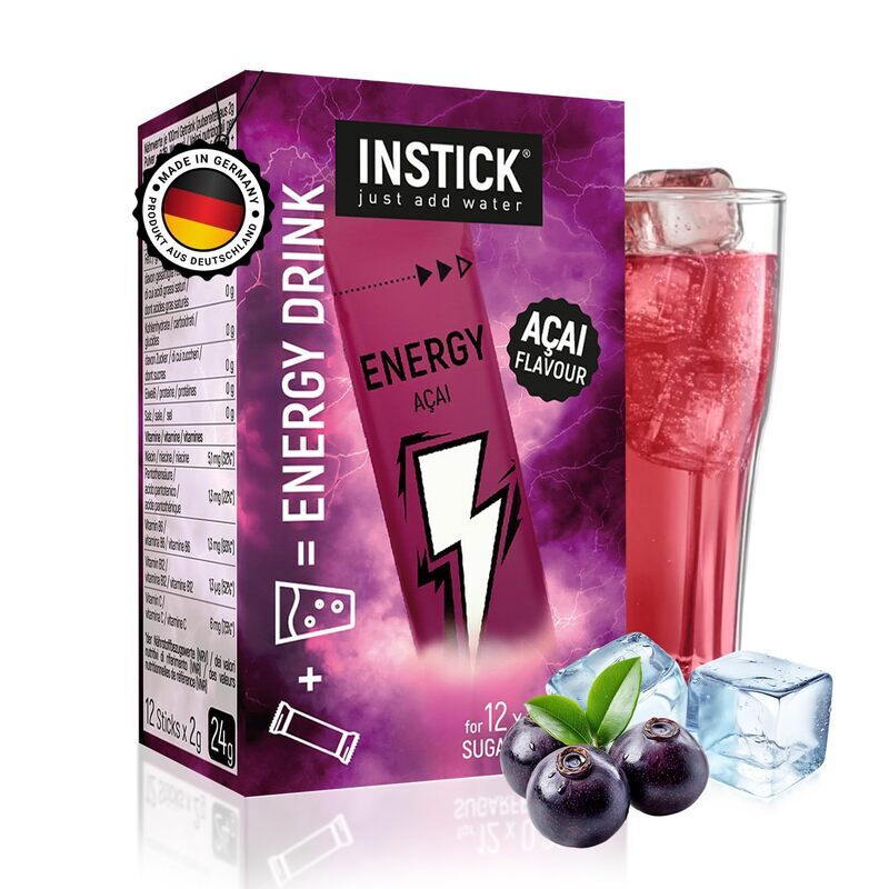INSTICK Zuckerfreier Energydrink (Acai) - Kalorienarmes Energy Getränk mit Koffein & Vitaminen - Instant-Pulver für 12 x 0,25 L
