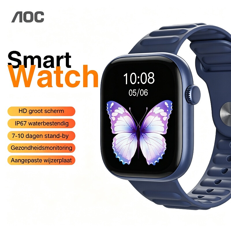 AOC T7 Smartwatch, 1,83 inch groot display, Hartslag, Bloedzuurstof en slaapmonitoring, Bluetooth 5.3, IP67 waterbestendigheid, Magnetisch snelladen, Meerdere trainingsmodi, Aanpasbare wijzerplaten