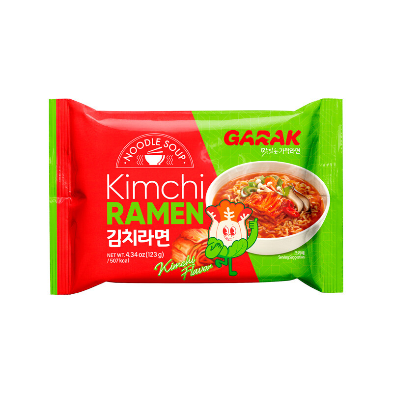 Garak Kimchi Ramen 123g - Snelkooknoedels uit de voorraadkast, perfect gekruid met traditionele Koreaanse kimchi smaak.