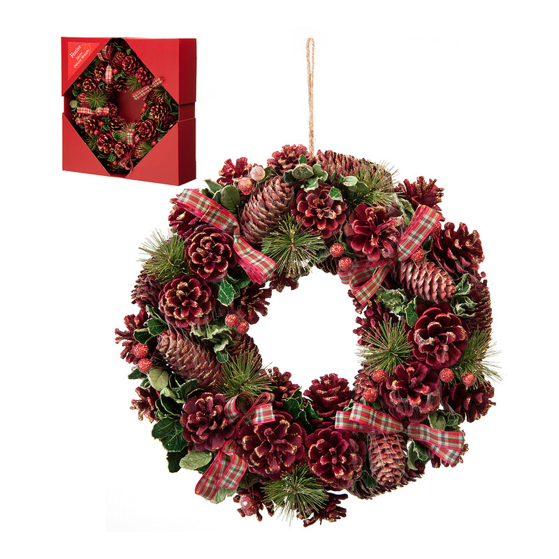 Festive 36Cm Red Pinecone Wreath In Box