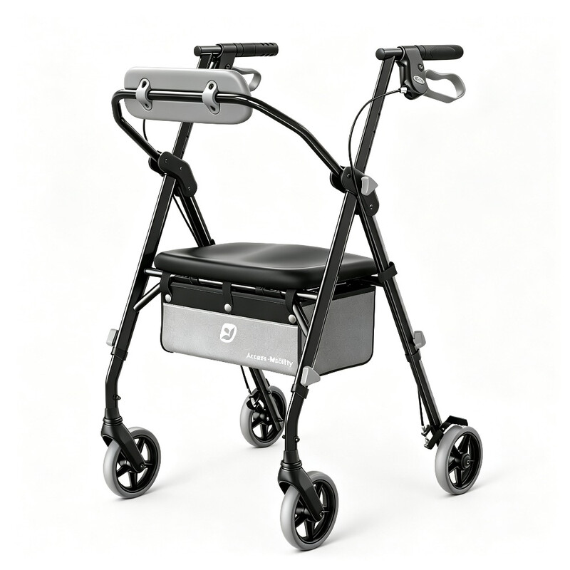 Faltbare Leichte Gehhilfe mit Sitz: Maximale Belastbarkeit 172 kg, schmale Sitzfläche, ideal als portable Reisehilfe für Senioren in Schwarz