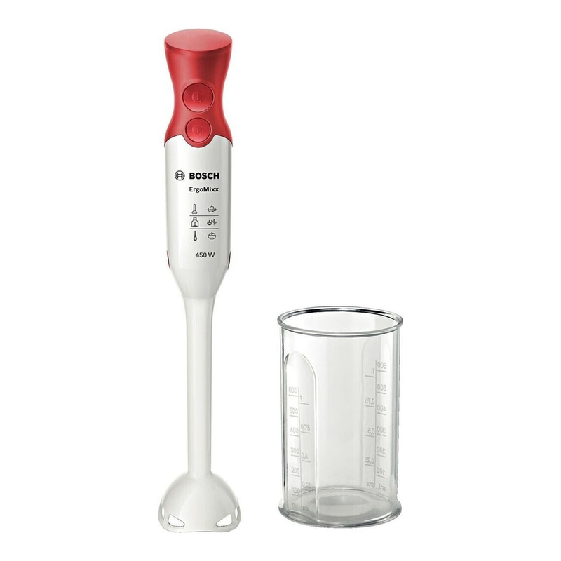 Bosch Hausgeräte MSM64010 ergonomischer Stabmixer mit Kunststoff-Mixfuß mit QuattroBlade, 450 Watt Weiß / Rot [Energieklasse A]