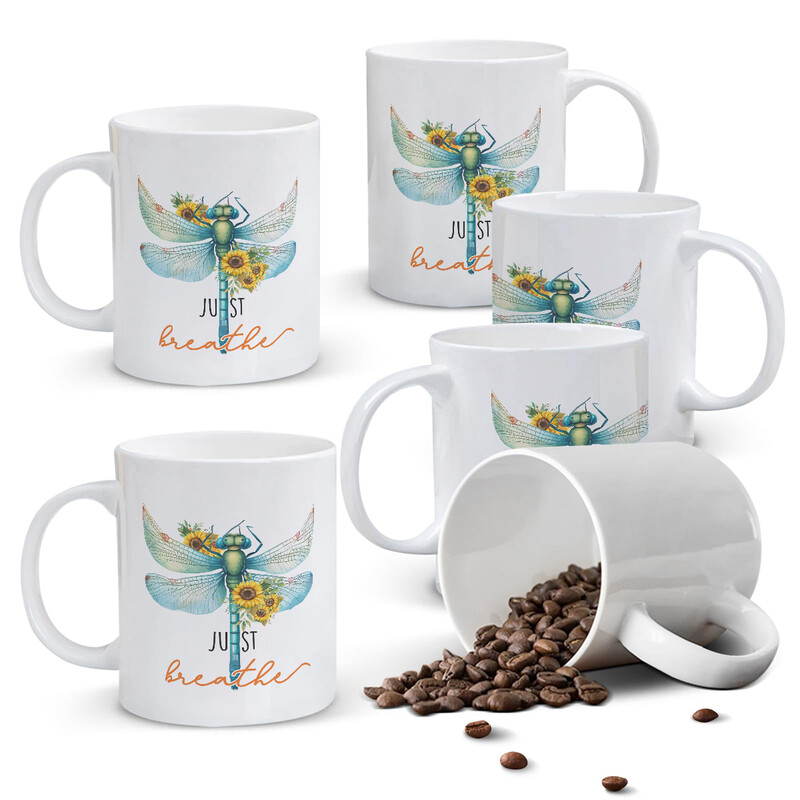 1pc 11oz White Ceramic Mug Featuring Intricate Dragonfly & Floral Design with Handwri