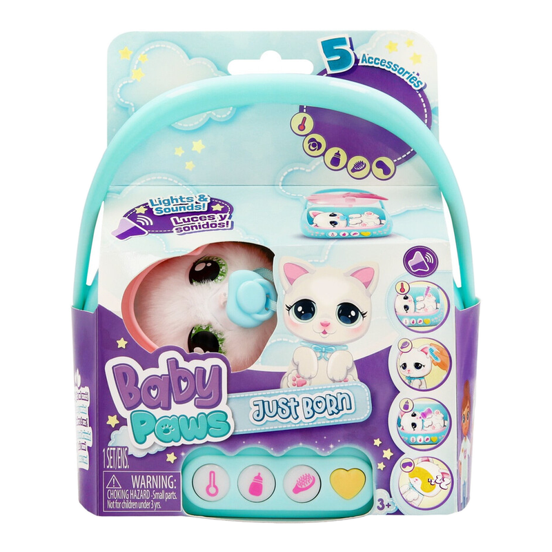 Baby Paws Just Born Cat Plush with Carrier - Interactive Soft Toy for Cuddling and Pretend Pet Role Play Adventures