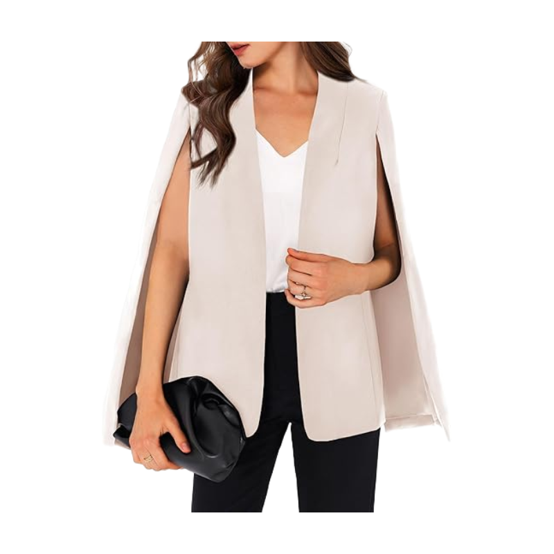 Women's CAPE Blazer Split Sleeve Open Front Lightweight Office Jacket Workwear (Beige