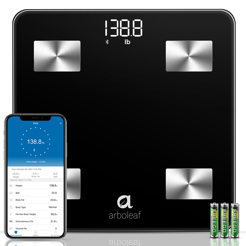 Arboleaf slimme personenweegschaal, Bluetooth-app-synchronisatie, nauwkeurige BMI-, spiermassa- en lichaamsvetanalyse, 14 kernmetingen, Bluetooth-synchronisatie, helder LED-display, voor gebruik in de badkamer en thuis, CS20N