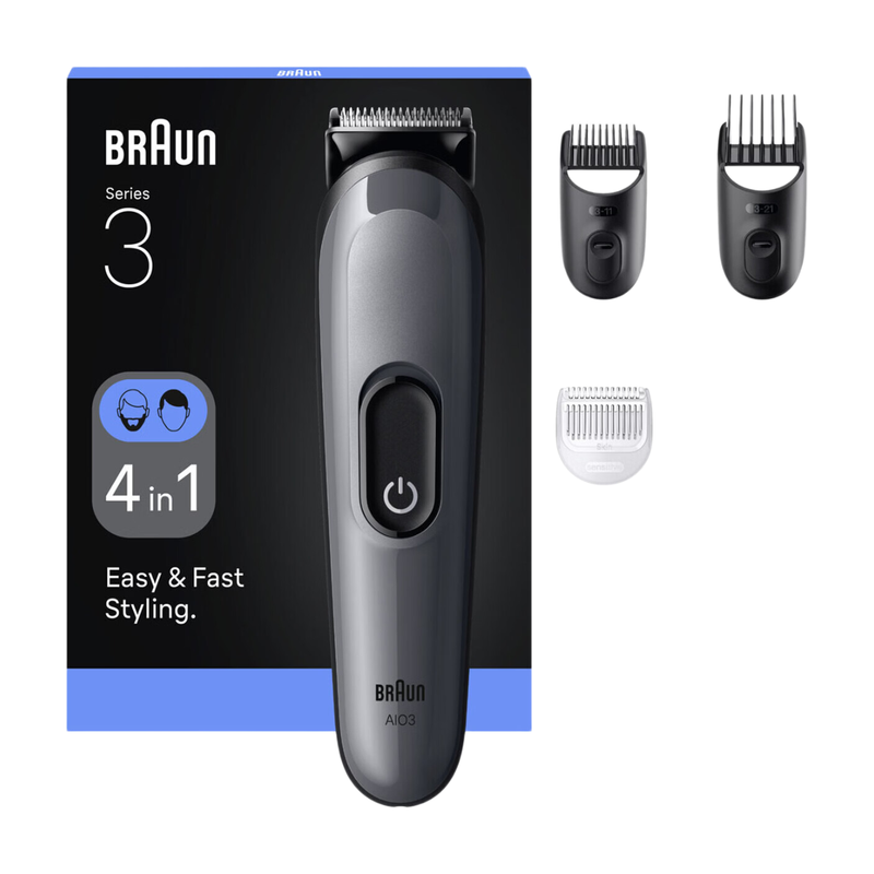BRAUN All-in-One Series 3, 4in1 Grooming Trimmer Kit, Beard & Hair Clipper, 14 Lengths, AIO3500, Grey