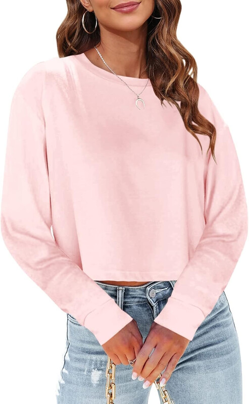 Woman Long Sleeve Cropped T Shirts Round Neck Casual Drop Shoulder Crop Tops Solid Sw