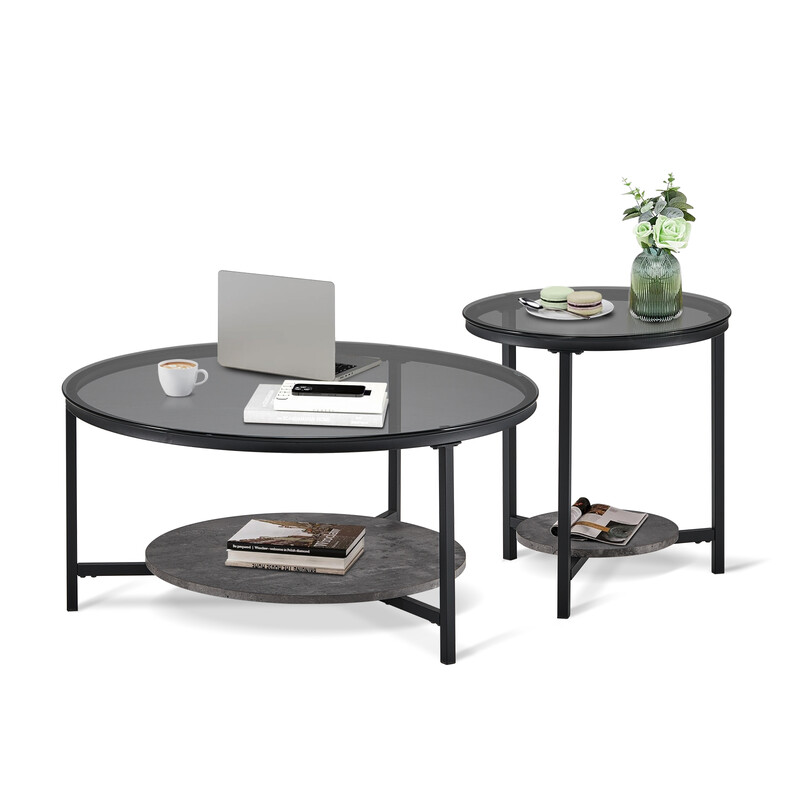 Round Glass Coffee Table, Nesting Table Set of 2 for Living Room with Grey Marble Sto