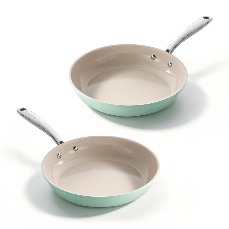 Redchef Gemstone Aluminium II koekenpannenset 20 cm/24 cm, groen & koffie, antiaanbakset, voor kookplaten, gelijkmatige warmte, koel handgreep, oven-/vaatwasserbestendig, PFAS-vrij