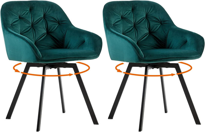 CLIPOP 360° Swivel Dining Chair Velvet Upholstered Desk Chairs without Wheels Ergonomic Office Chair with Arms and Metal Legs for Home Study 0197-s deep green 54.5*46*80 cm
