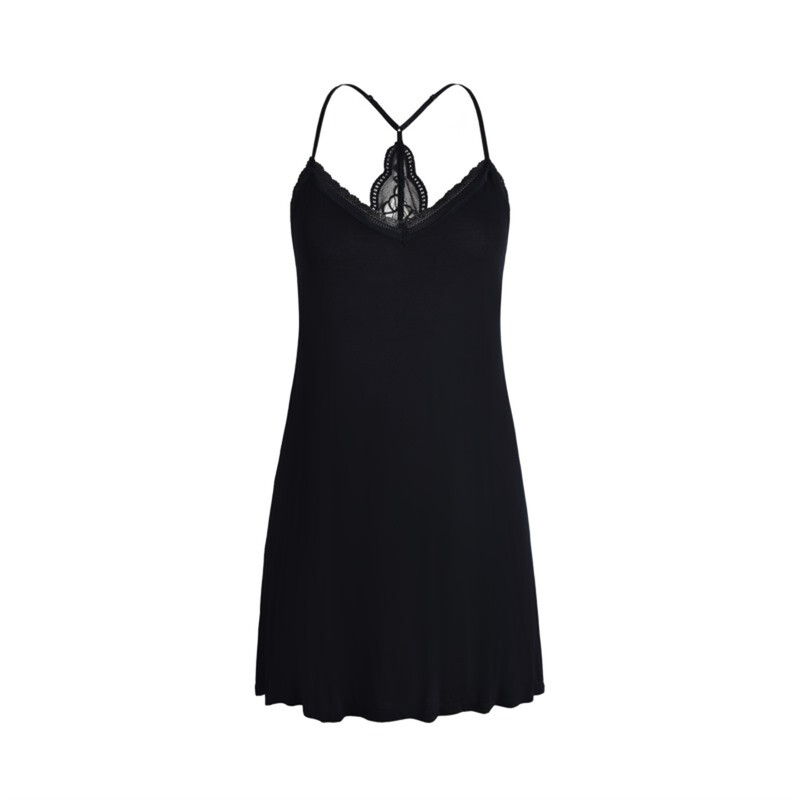 collar narrow lace and wide lace back v-neck black suspender dress S