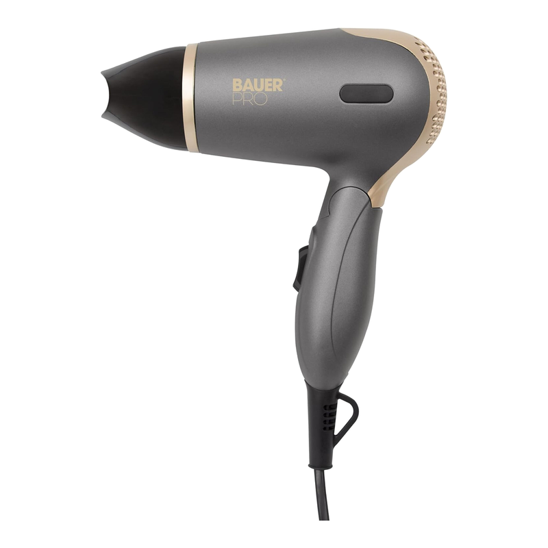 Bauer Professional Travel Hair Dryer Set 1200W, Foldable Handle, Carry Case Included, Compact, Grey And Gold