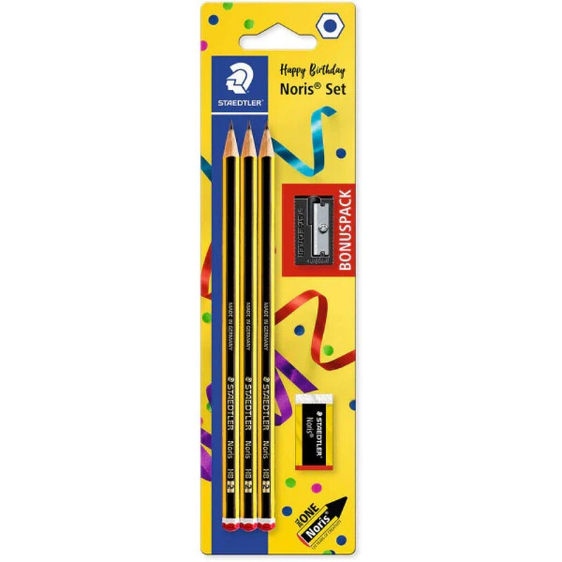 Staedtler Noris Anniversaire Crayons à papier HB en bois de haute qualité Étui blister de 3 crayons HB avec taille crayon à réservoir et mini gomme 120 SBK3P2 - vue 3