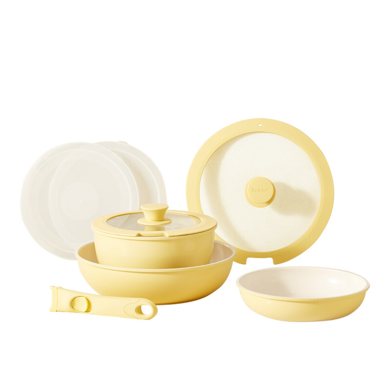 Redchef 8-delig keramisch pannenset met afneembare handgreep, geel & wit, inclusief 20 cm sauspannen, 20 cm pannen en 26 cm wokpan, PTFE/PFAS/PFOA-vrij, vaatwasserbestendig