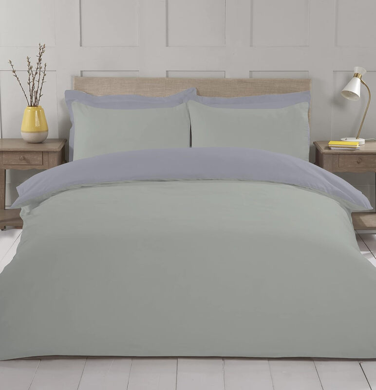 Duvet Cover Set Plain Reversible Polycotton Sage/Grey Single
