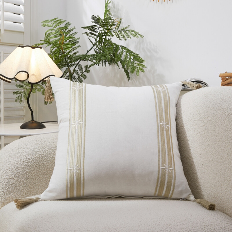 , Polyester/Cotton Emboridery Cushion Cover, 50x50cm, white/beige, 1pack