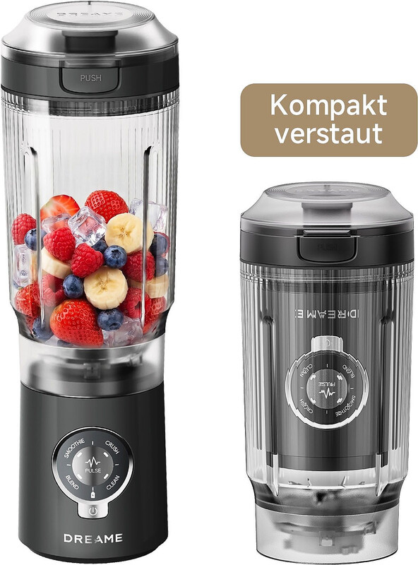 Dreame 3-in-1 Mixer/Stabmixer/Smoothie-Maker, 0,88 L, Grau/Schwarz, 120 W/kabelloser Lithium-Ionen-Akku/USB-C-Aufladung/Edelstahlklingen/Eiscrushen/Zerkleinern/Rühren/Pürieren/Mischen/inklusive Trinkdeckel mit Griff/