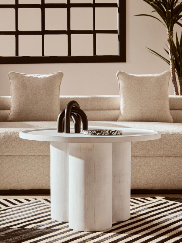 Fifty Five South Coffee Table Walsa Pillar Base Solid Mango Wood Whitewash