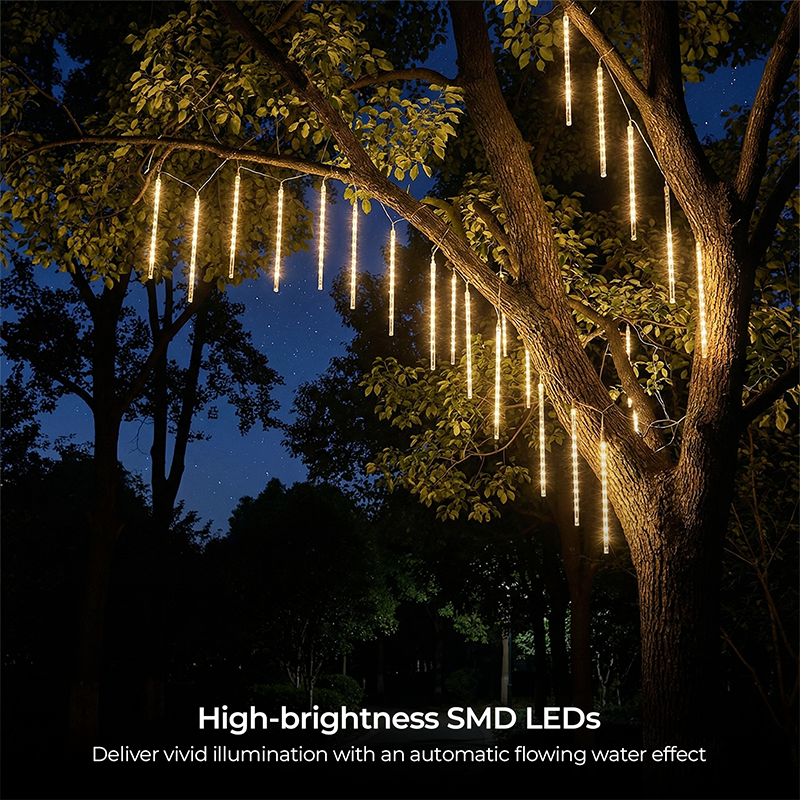 M.TK MOVETECK Meteorregen-Lichter mit 8 Röhren, 192 LEDs, fallende Regentropfen-Lichterkette, wasserdicht, Eiszapfen-Schneefall-Lichterkette für Weihnachtsbaum (Warmweiß)