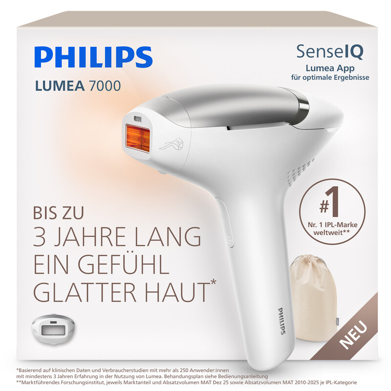Philips Lumea IPL 7000 Series BRI931/00 IPL-Haarentfernungsgerät, SenseIQ SmartSkin-Sensor, SmartPulse-Technologie, 5 Intensitätsstufen, Curved-Body-Aufsatz, Lumea-App-Anleitung, Netzbetrieb