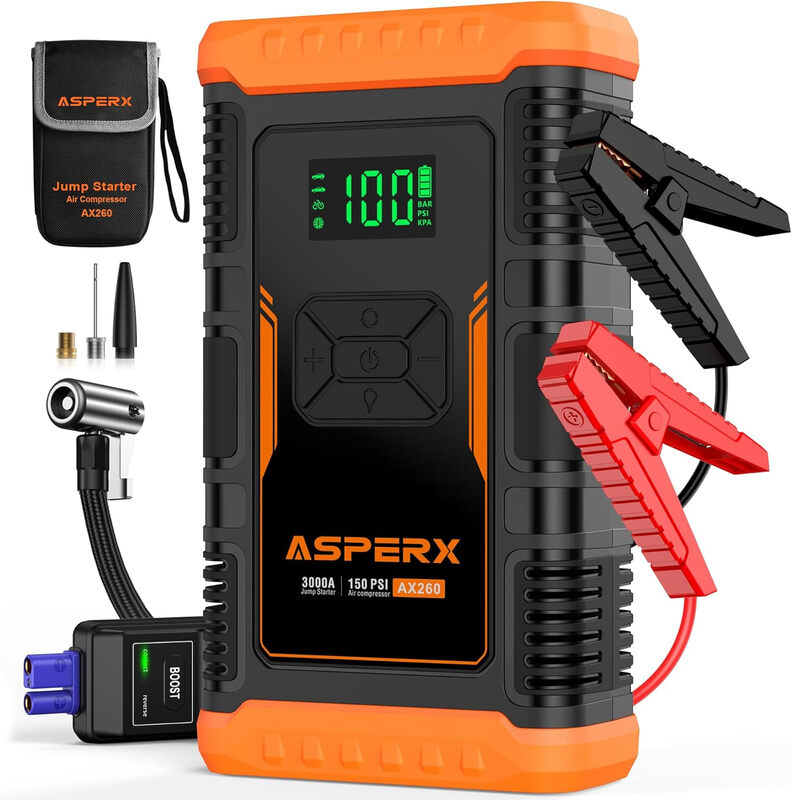 ASPERX jumpstarter-powerbank met compressor, 150 PSI, 3000 A autojumpstarter-powerbank met LED-zaklamp en startkabels, voor 12V-motoren en SUV's (tot 10 l benzine of 8 l diesel)