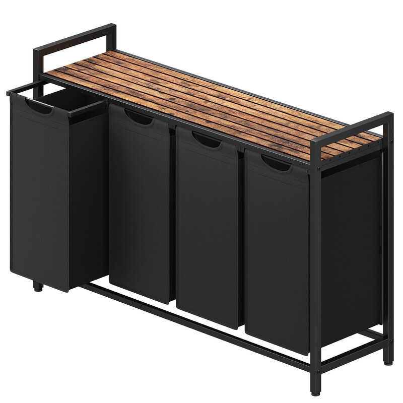 JOYFURNOS Uittrekbare wasmand met uitneembare tas, 160 L – Metalen frame wasverdeler met plank, Inktzwart en rustiek bruin, 115,6 x 33 x 72,5 cm