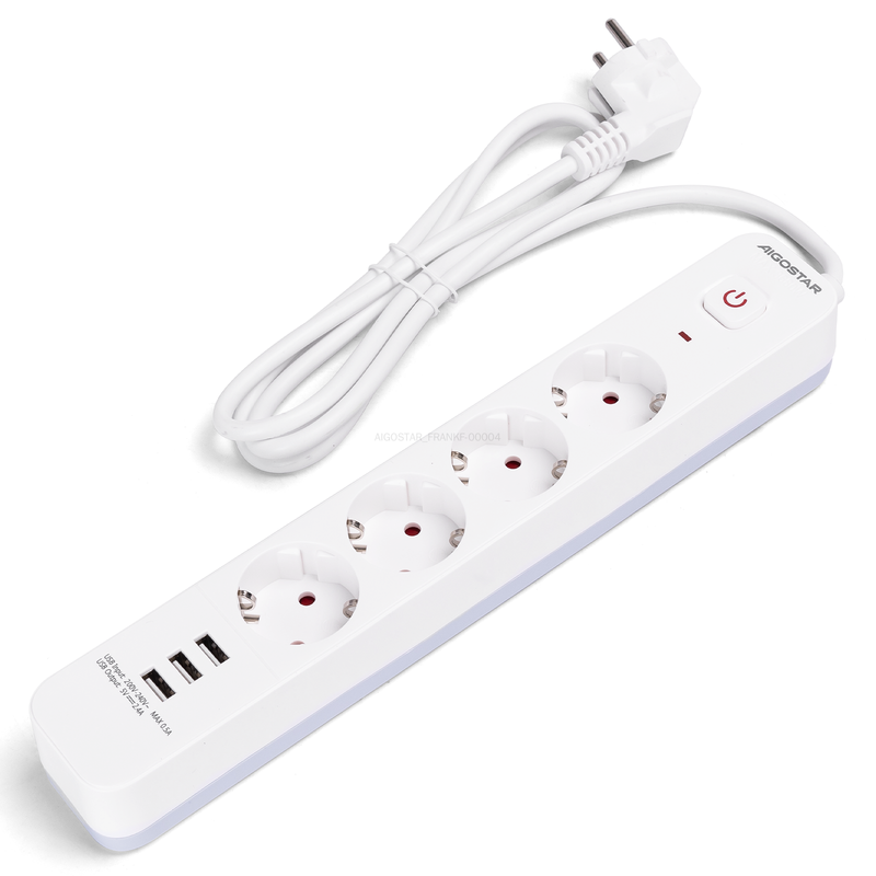 Aigostar Steckdosenleiste mit Kabel/Deutscher 4-fach/3G1,0 mm²/1,5 m/USB(3 A)/Mit quadratischem Schalter/Rechteckig/Weiß und Grau/PP/Leitungen