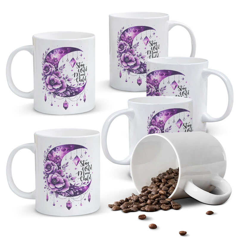 1pc 11oz White Mug with Celestial "Stay Wild Moon Child" Quote & Purple Crystal Moon