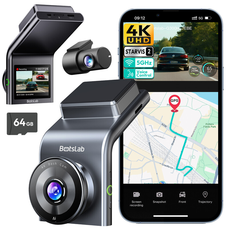 BOTSLAB G300H Plus 4K Car Front and Rear Dashcam with STARVIS 2 Sensor | WDR Dual Channel Car Camera with 64GB SD Card, Voice Control, 5GHz Wi-Fi, GPS, Super Night Vision