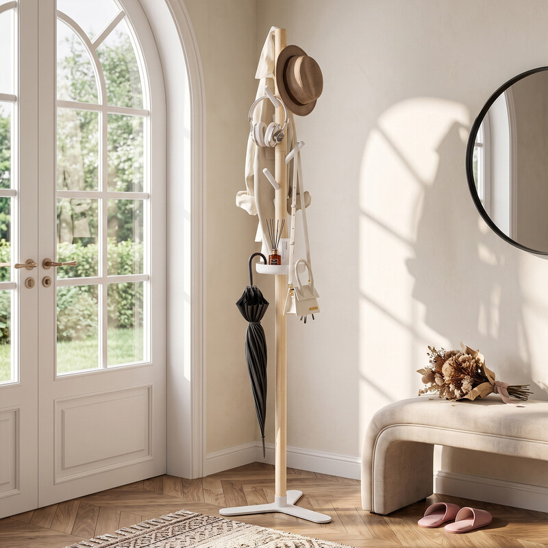 kapanou Vintage Wooden Freestanding Entryway Coat Rack With Storage Tray, 7 Hooks, for Hats, Handbags, Coats, Umbrellas and Accessories, Wood-Tone Brown and White Color Scheme, Spring Festival Promotion, Preferred Gift Choice