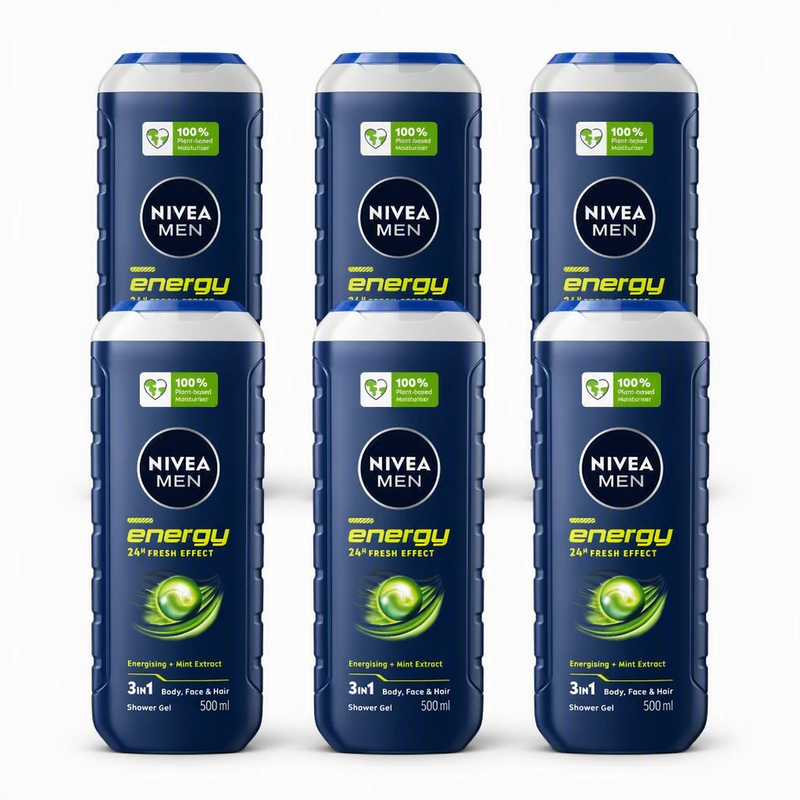 NIVEA MEN Gel Douche Énergie - Gel Douche 3 en 1 à l'Extrait de Menthe - Shampooing - 500 ml (Lot de 6)