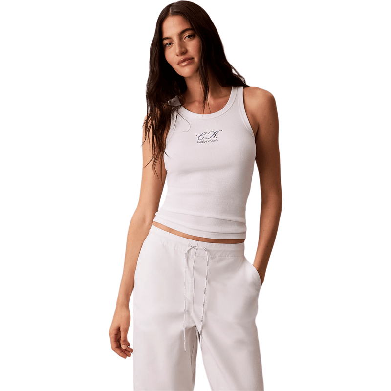 Calvin Klein Jeans Women Embroidered Ck Logo Rib Tank Top - Bright White