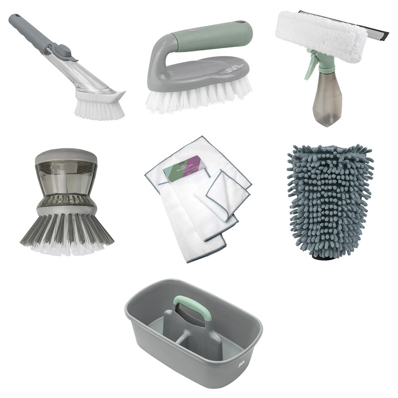 JVL Complete Cleaning Caddy Bundle with Window Squeegee, Microfibre Cloth, Mitt & Brushes